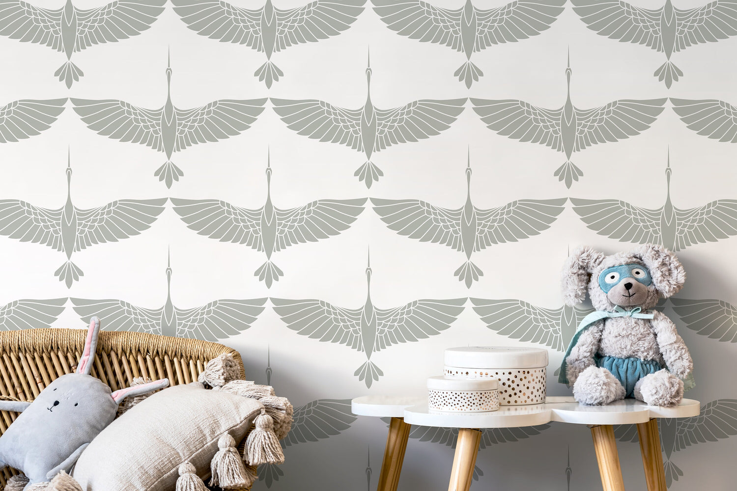 Mid Century Cranes Wallpaper Art Deco Swans Neutral Wallpaper / Peel and Stick Wallpaper Removable Wallpaper Home Decor Wall Art - CC-D086