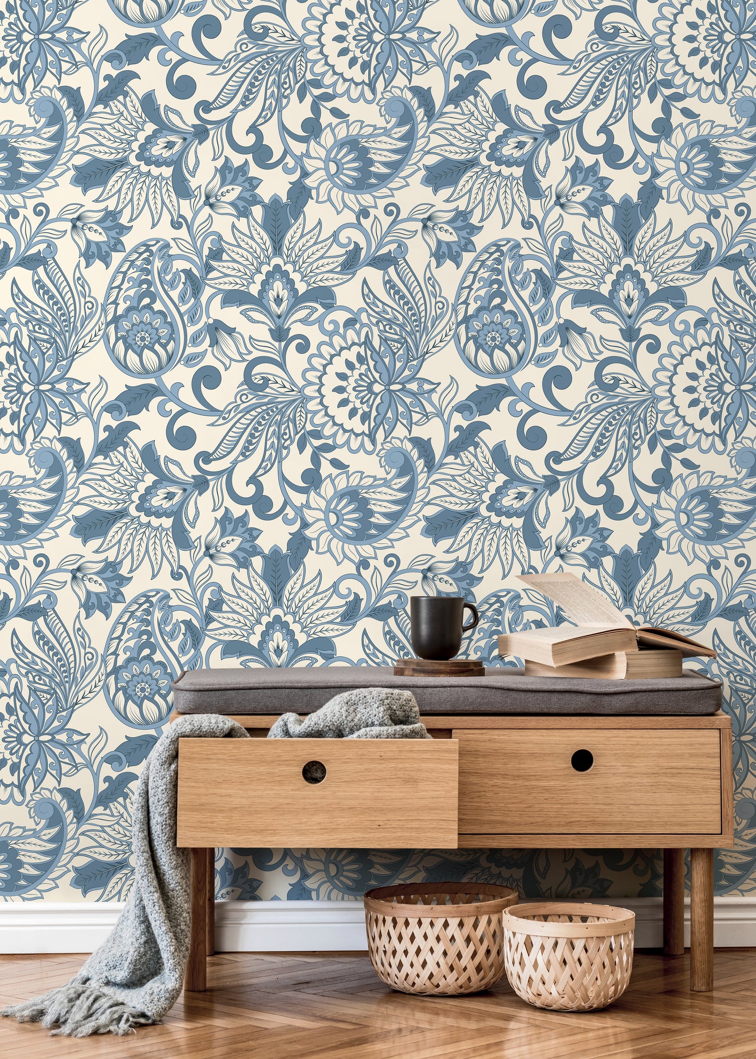 Blue Victorian Vintage Wallpaper / Peel and Stick Wallpaper Removable Wallpaper Home Decor Wall Art Wall Decor Room Decor - D087