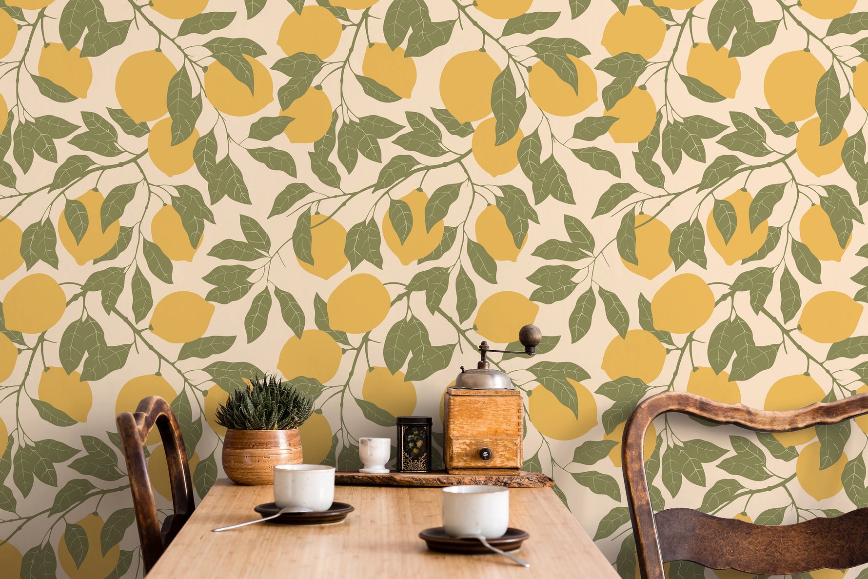 Fresh Lemmon Harvest Wallpaper Boho Fruit Citrus Flowers Wallpaper Peel and Stick Removable Repositionable - ZACC