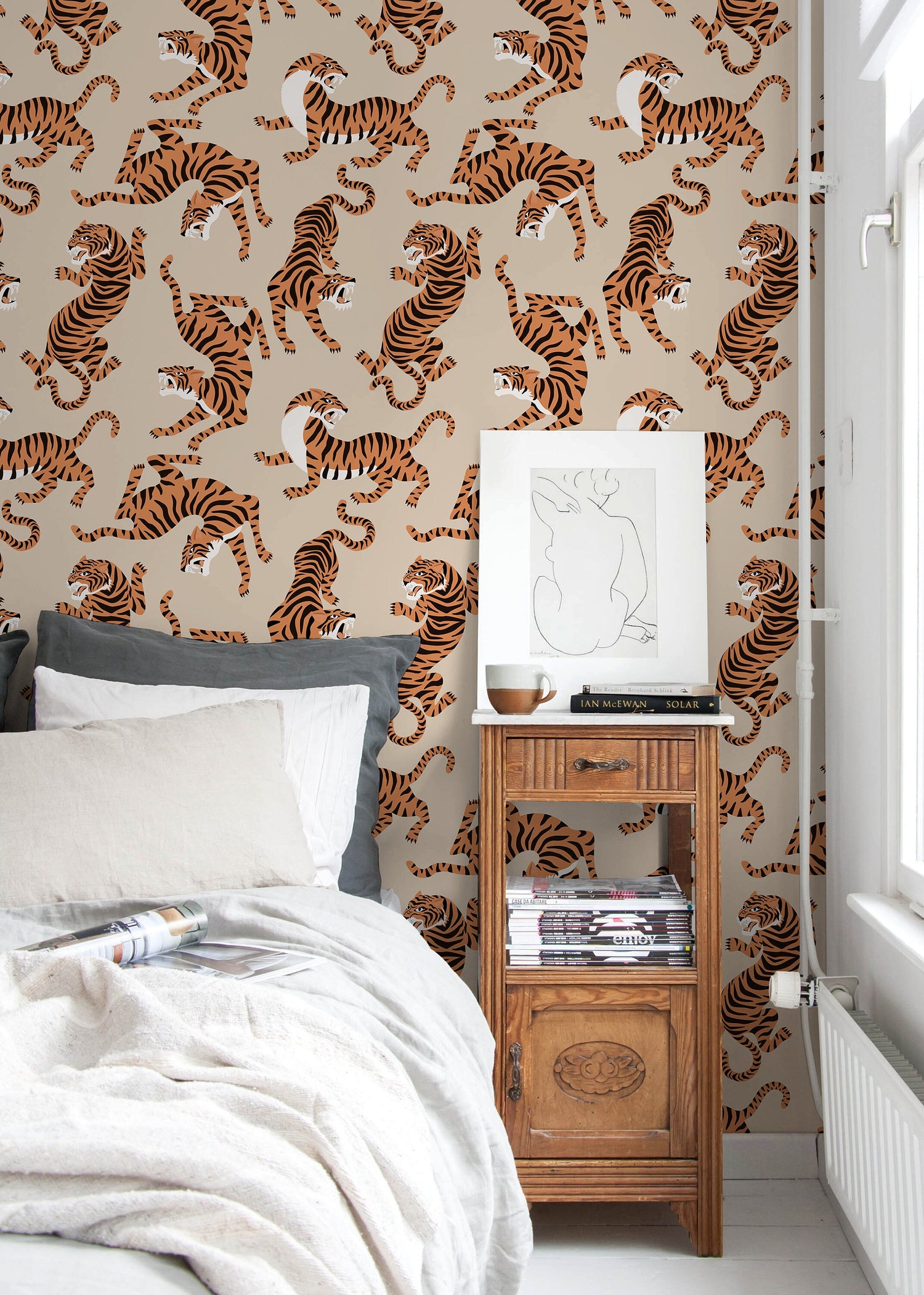 Boho Neutral Tiger Wallpaper Removable Peel and Stick Wallpaper, Animal Print Repositionable Peel and Stick Wallpaper - ZACK