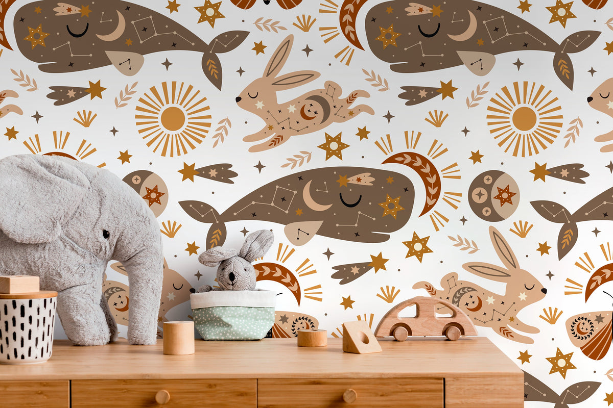 Mystique and Celestial Wallpaper Removable Peel and Stick Wallpaper, Peel and Stick Wallpaper Rabbit and Whale - ZACO