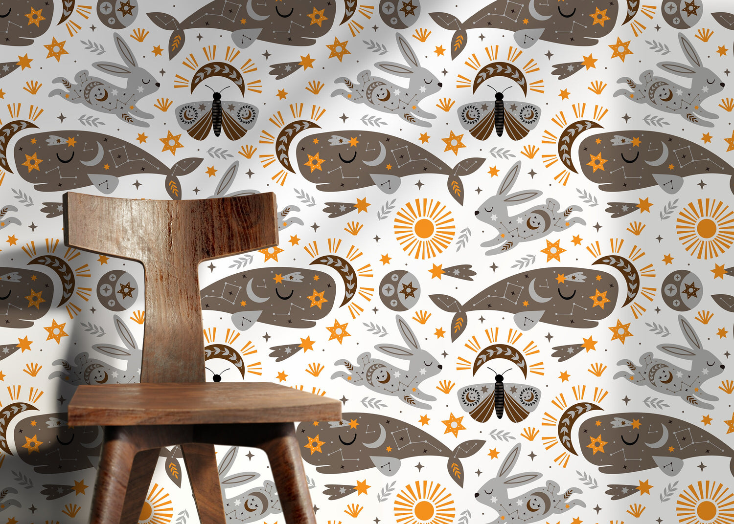 Mystique and Celestial Wallpaper Removable Peel and Stick Wallpaper, Peel and Stick Wallpaper Rabbit and Whale - ZACP