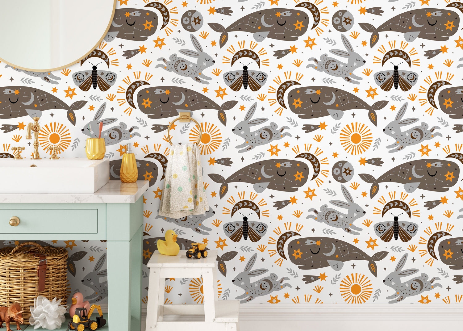 Mystique and Celestial Wallpaper Removable Peel and Stick Wallpaper, Peel and Stick Wallpaper Rabbit and Whale - ZACP