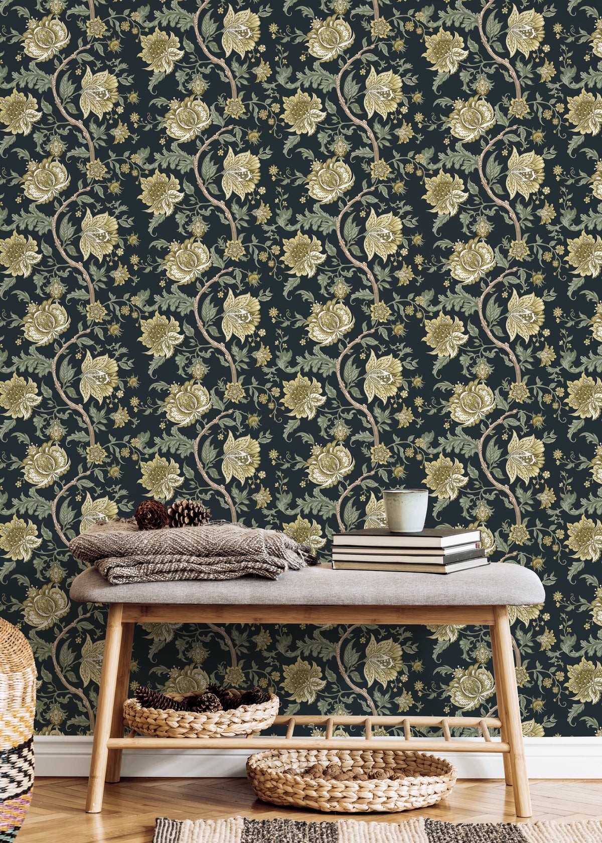 Green Vintage Floral Wallpaper / Peel and Stick Wallpaper Removable Wallpaper Home Decor Wall Art Wall Decor Room Decor - D128