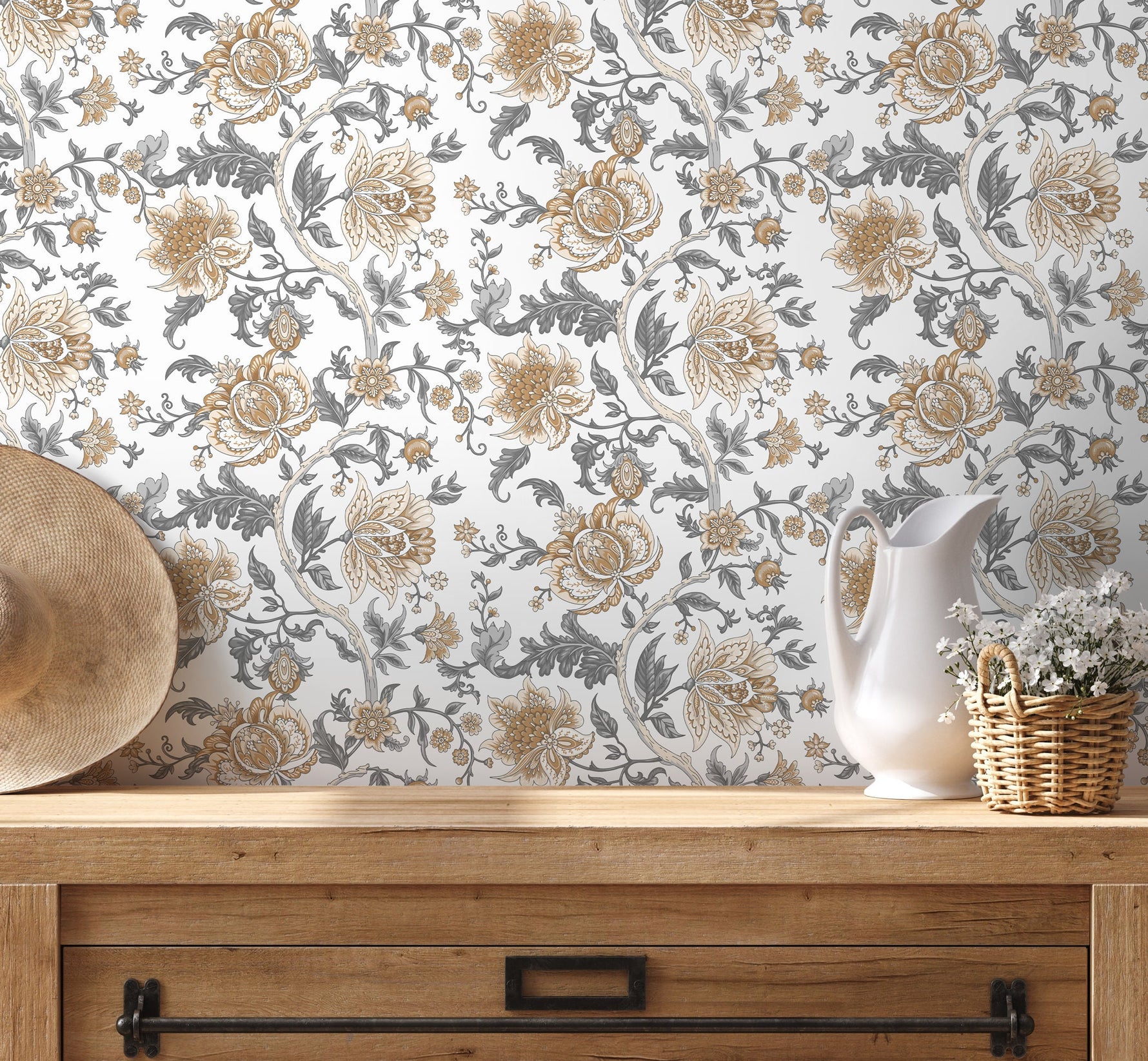 Neutral Vintage Floral Wallpaper / Peel and Stick Wallpaper Removable Wallpaper Home Decor Wall Art Wall Decor Room Decor - D130