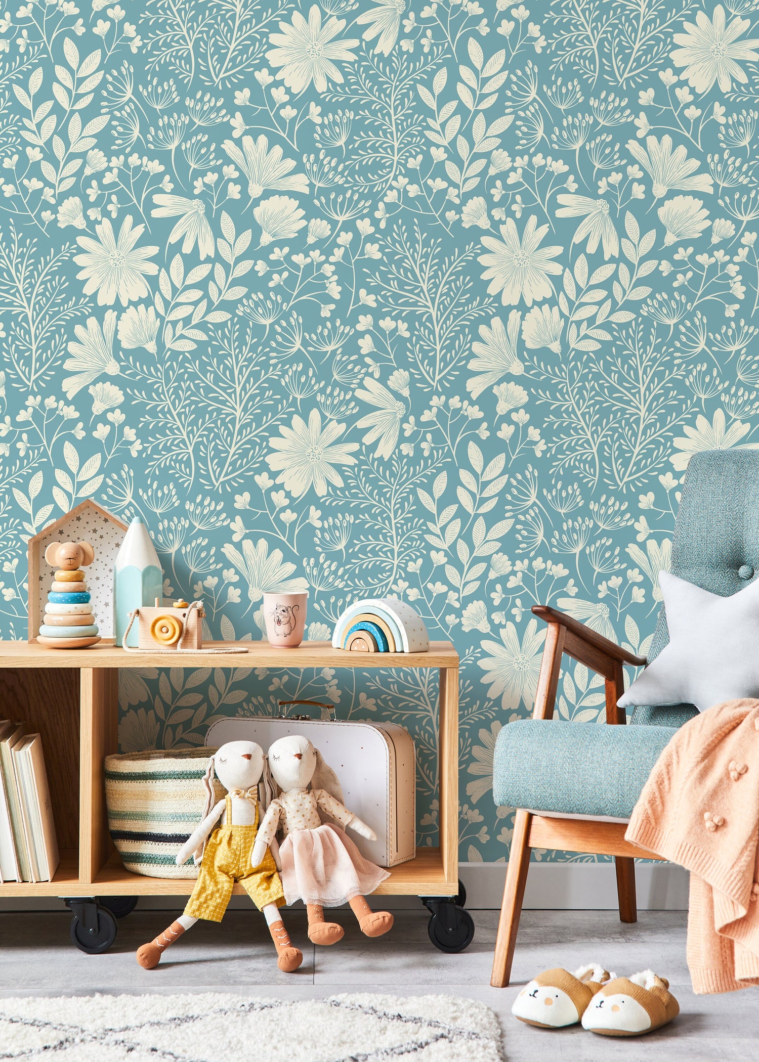 Light Blue Wildflowers Wallpaper / Peel and Stick Wallpaper Removable Wallpaper Home Decor Wall Art Wall Decor Room Decor - D131