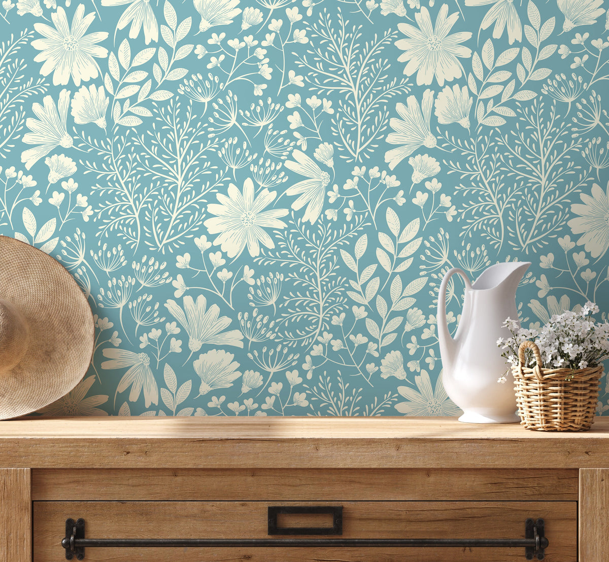 Light Blue Wildflowers Wallpaper / Peel and Stick Wallpaper Removable Wallpaper Home Decor Wall Art Wall Decor Room Decor - D131