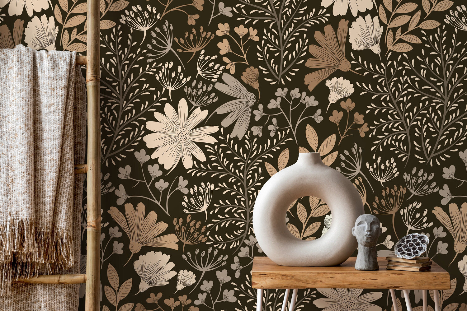 Brown Boho Floral Wallpaper / Peel and Stick Wallpaper Removable Wallpaper Home Decor Wall Art Wall Decor Room Decor - D133