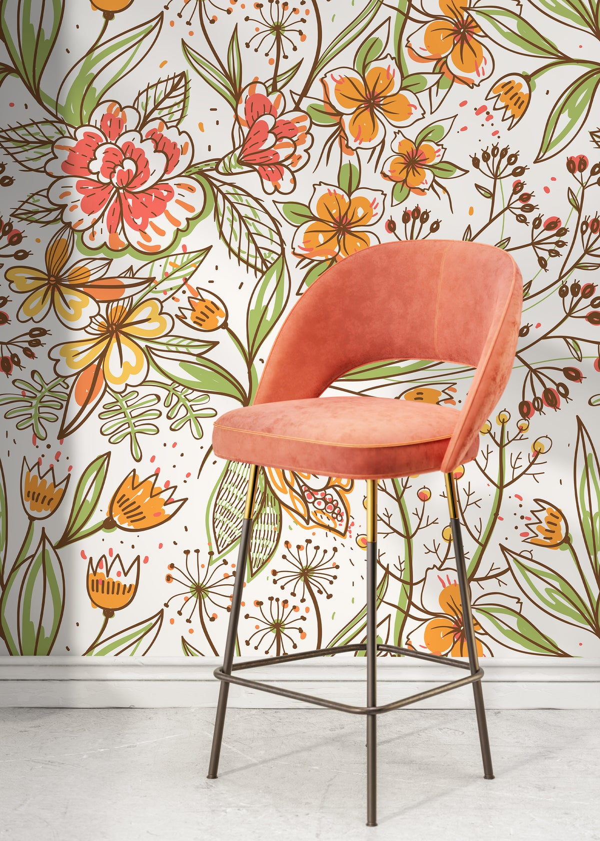 Floral Garden Hand Drawing Wallpaper / Peel and Stick Wallpaper Removable Wallpaper Home Decor Wall Art Wall Decor Room Decor - D141