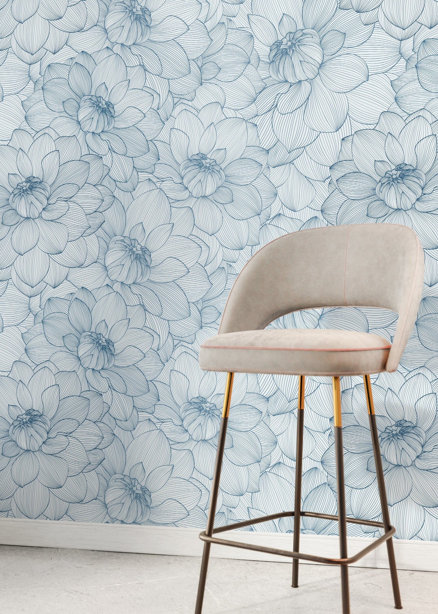 Blue Peony Floral Wallpaper / Peel and Stick Wallpaper Removable Wallpaper Home Decor Wall Art Wall Decor Room Decor - D142