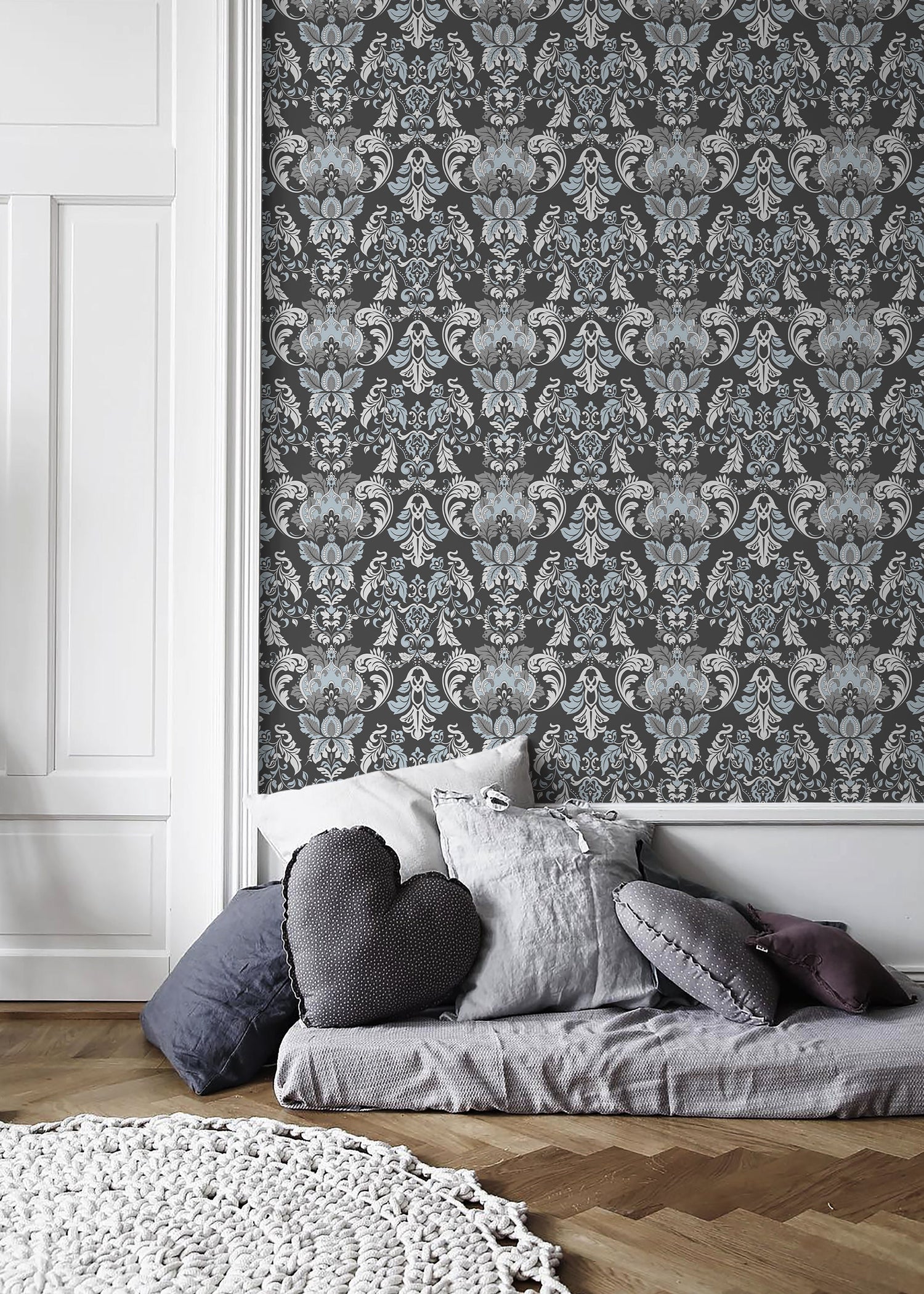 Gray and Blue Victorian Wallpaper / Peel and Stick Wallpaper Removable Wallpaper Home Decor Wall Art Wall Decor Room Decor - D099