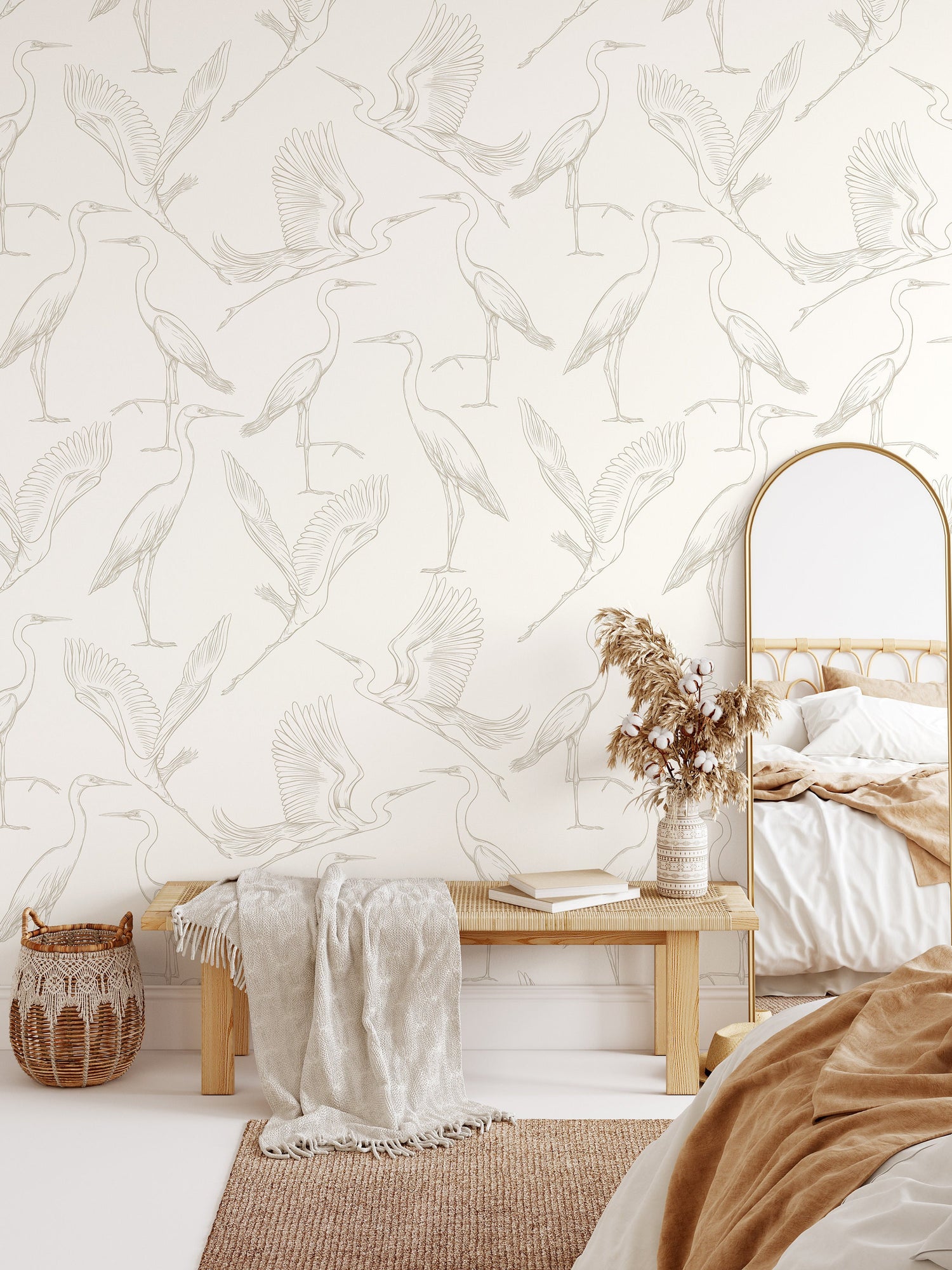 Neutral Boho Crane Birds Wallpaper / Peel and Stick Wallpaper Removable Wallpaper Home Decor Wall Art Wall Decor Room Decor - D103