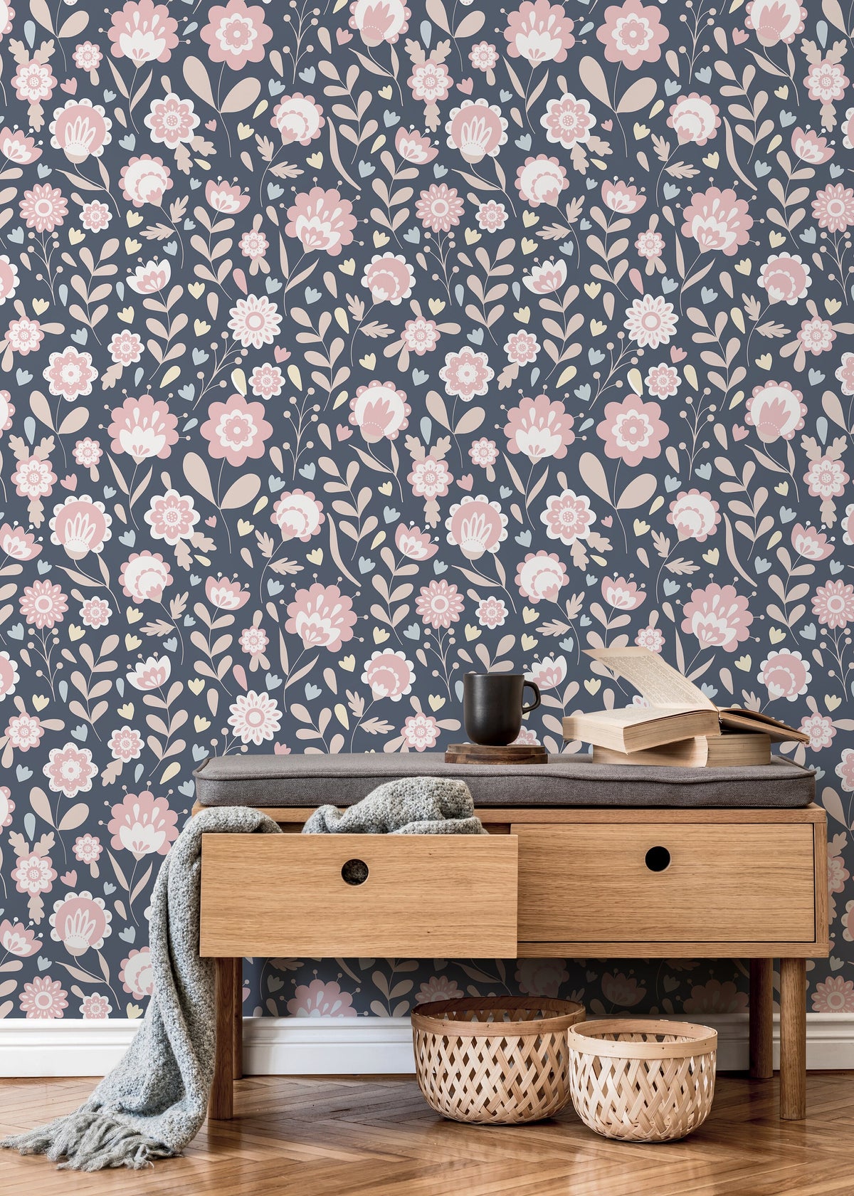 Floral Scandinavian Wallpaper / Peel and Stick Wallpaper Removable Wallpaper Home Decor Wall Art Wall Decor Room Decor - D108