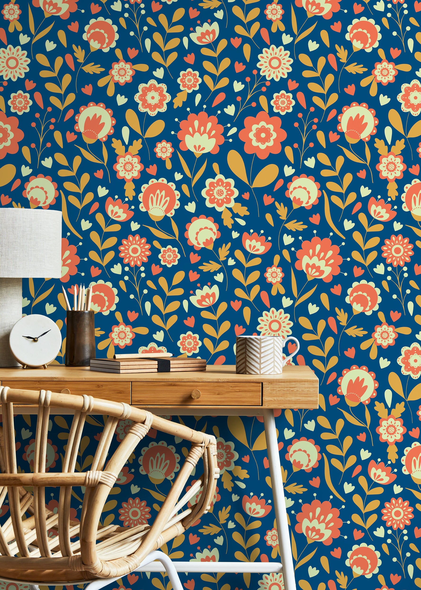 Scandinavian Flower Wallpaper / Peel and Stick Wallpaper Removable Wallpaper Home Decor Wall Art Wall Decor Room Decor - D109