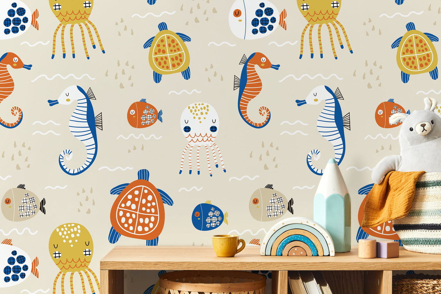 Nursery Ocean Animals Wallpaper / Peel and Stick Wallpaper Removable Wallpaper Home Decor Wall Art Wall Decor Room Decor - D110