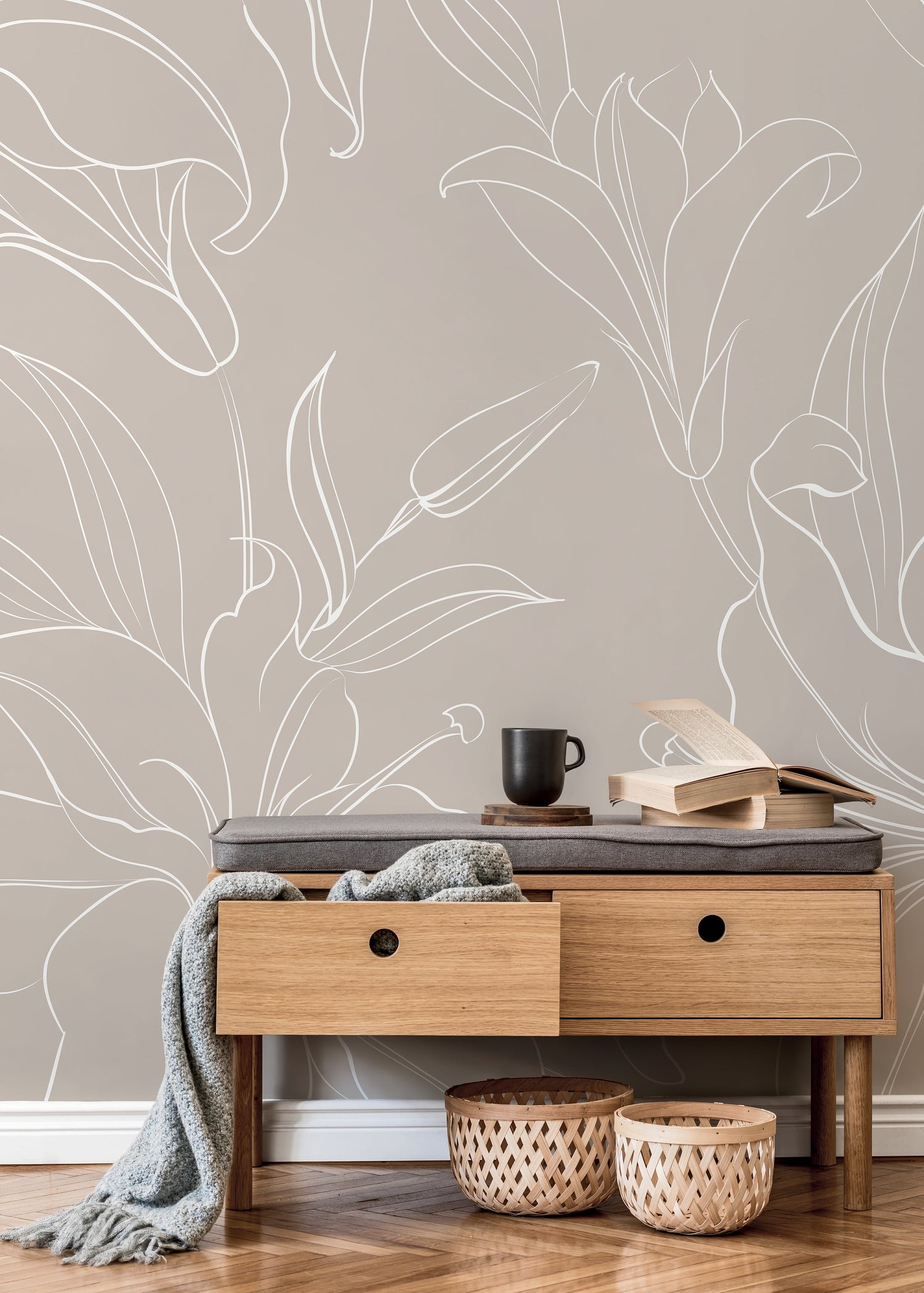 The Beige Minimalist Peony Mural Mural Self Adhesive Large Scale Wallpaper Peony Floral Traditional Pre-pasted or Peel and Stick - ZADQ