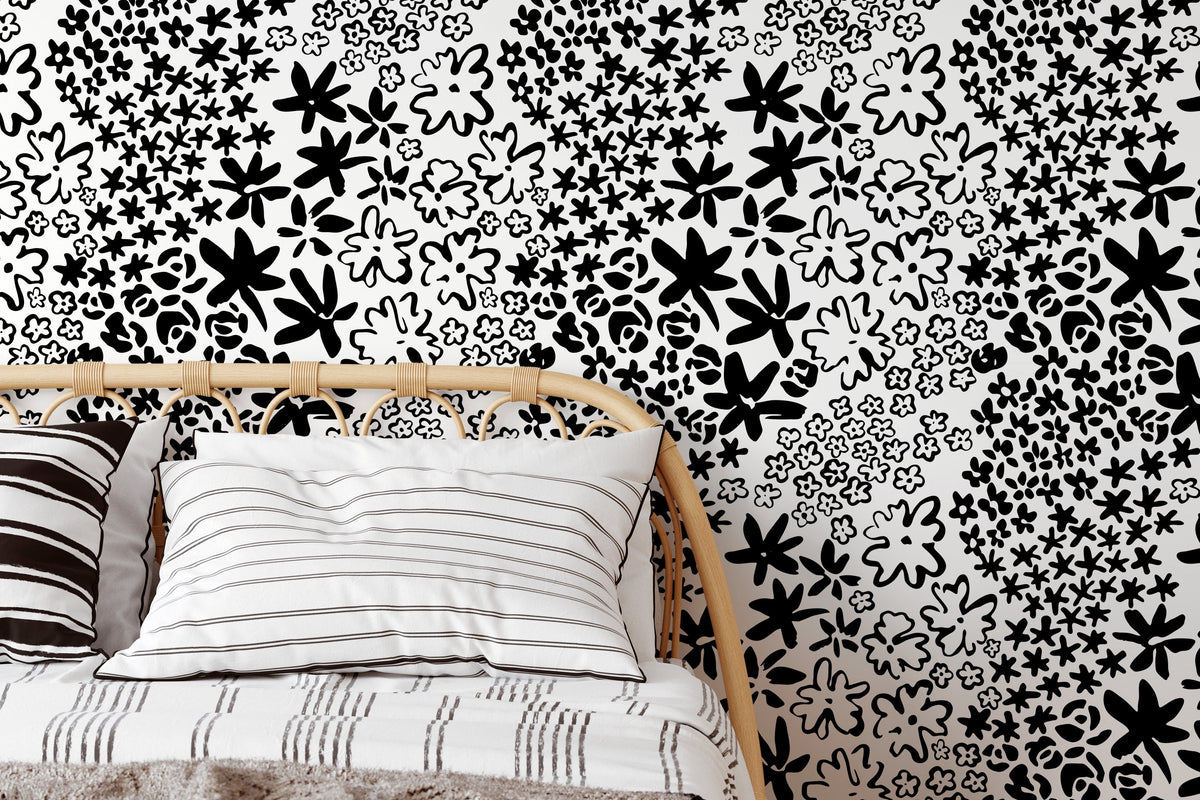 Black and White Floral Wallpaper / Peel and Stick Wallpaper Removable Wallpaper Home Decor Wall Art Wall Decor Room Decor - D165