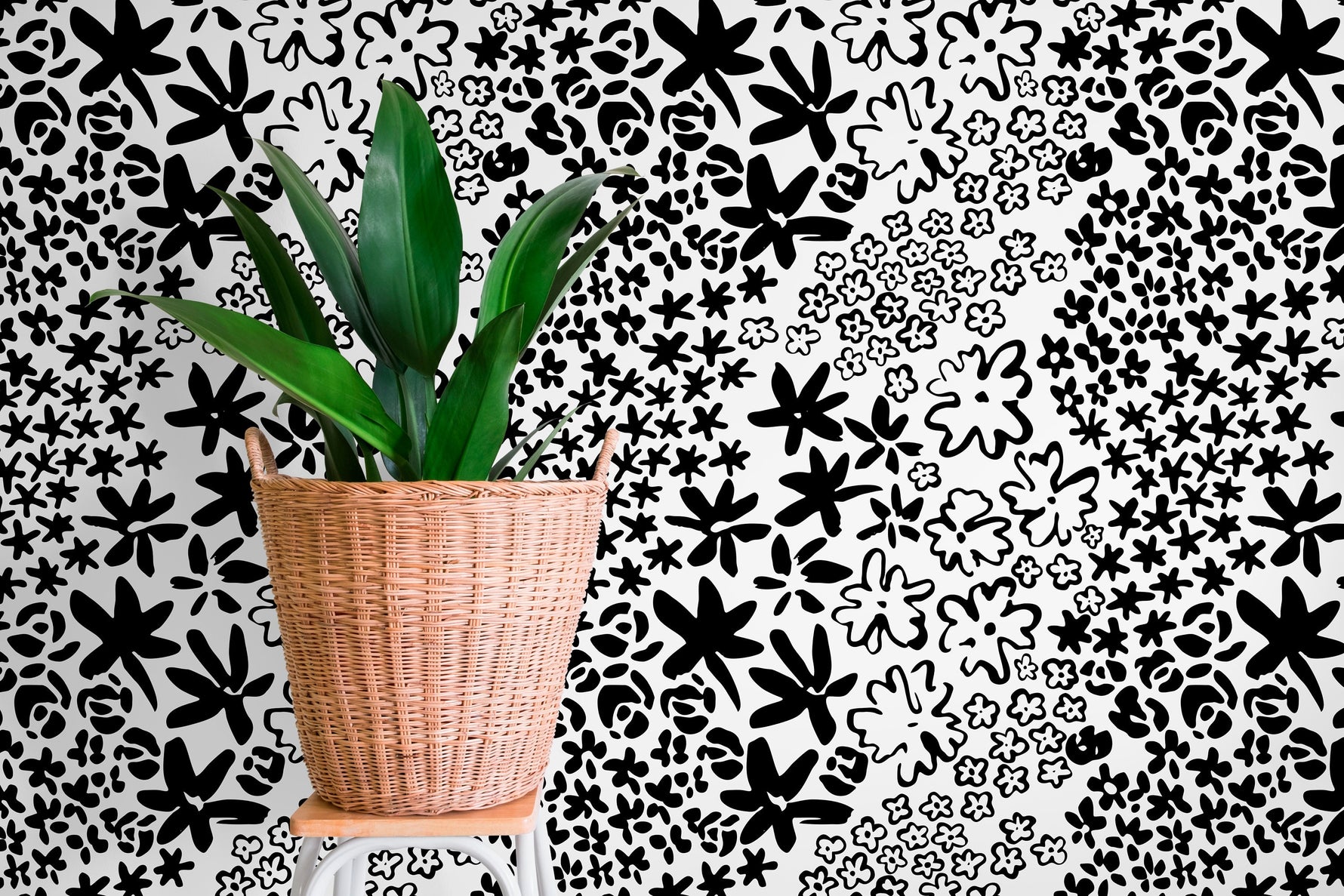 Black and White Floral Wallpaper / Peel and Stick Wallpaper Removable Wallpaper Home Decor Wall Art Wall Decor Room Decor - D165