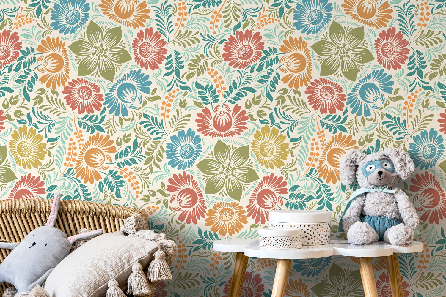 Colorful Floral Wallpaper / Peel and Stick Wallpaper Removable Wallpaper Home Decor Wall Art Wall Decor Room Decor - D070