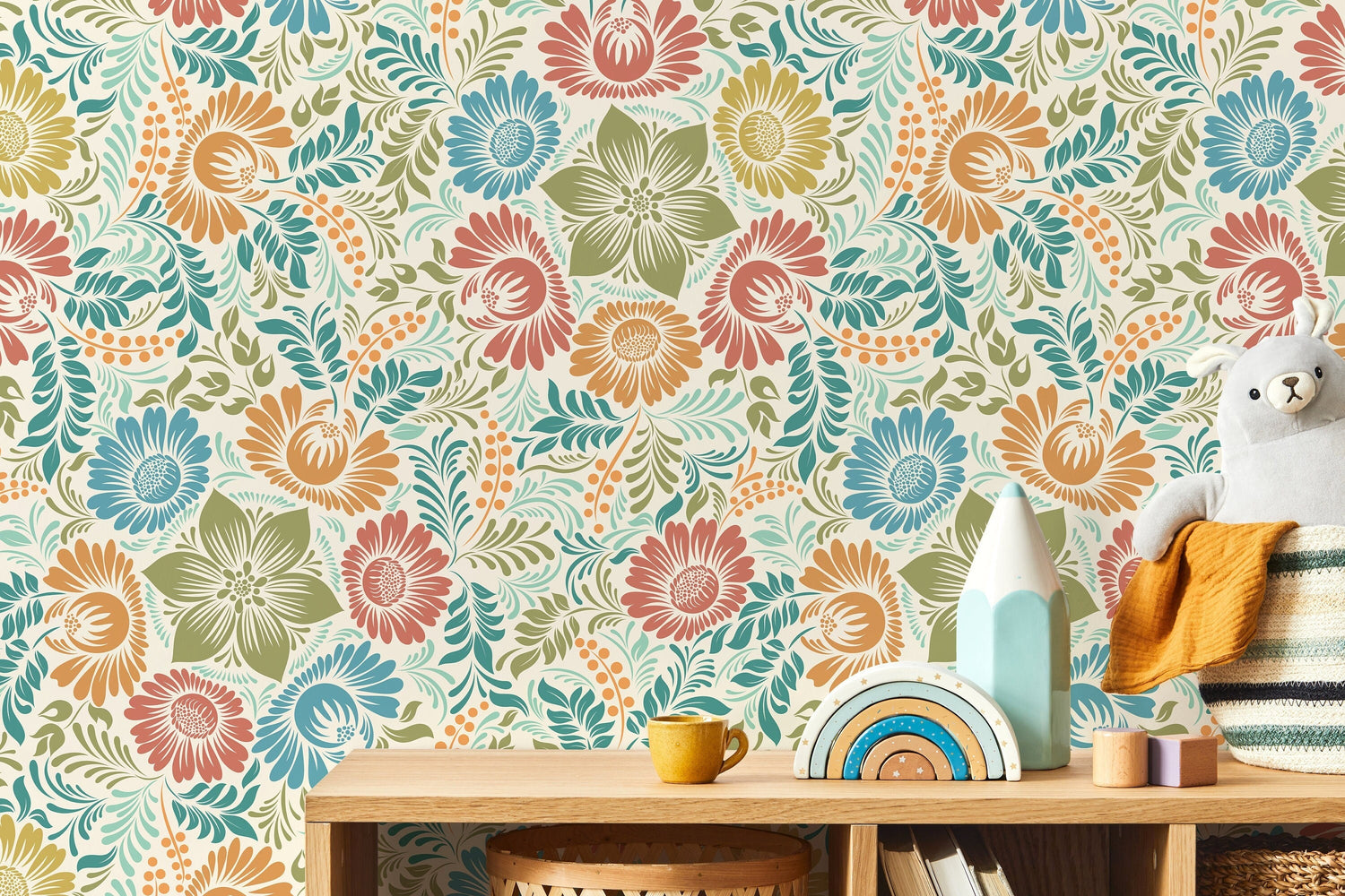 Colorful Floral Wallpaper / Peel and Stick Wallpaper Removable Wallpaper Home Decor Wall Art Wall Decor Room Decor - D070