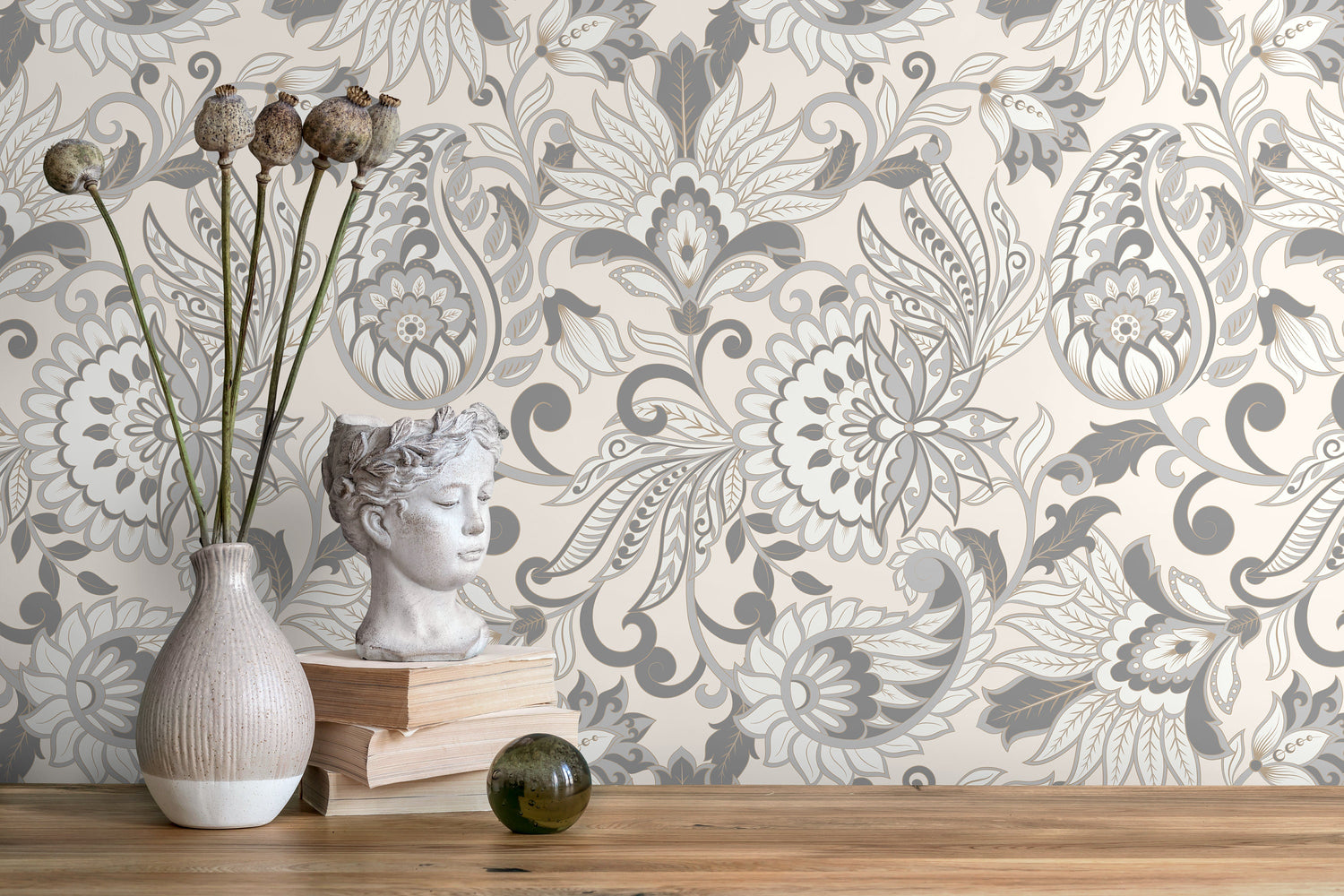 Neutral Victorian Vintage Wallpaper / Peel and Stick Wallpaper Removable Wallpaper Home Decor Wall Art Wall Decor Room Decor - D088