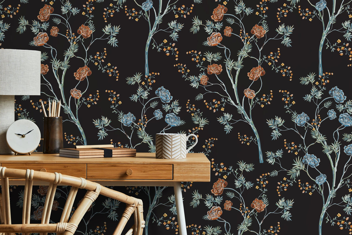 Dark Floral Garden Wallpaper / Peel and Stick Wallpaper Removable Wallpaper Home Decor Wall Art Wall Decor Room Decor - D122