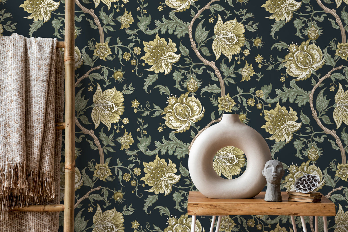 Green Vintage Floral Wallpaper / Peel and Stick Wallpaper Removable Wallpaper Home Decor Wall Art Wall Decor Room Decor - D128