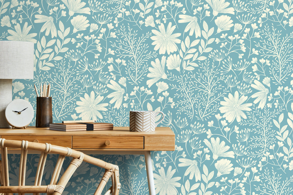 Light Blue Wildflowers Wallpaper / Peel and Stick Wallpaper Removable Wallpaper Home Decor Wall Art Wall Decor Room Decor - D131