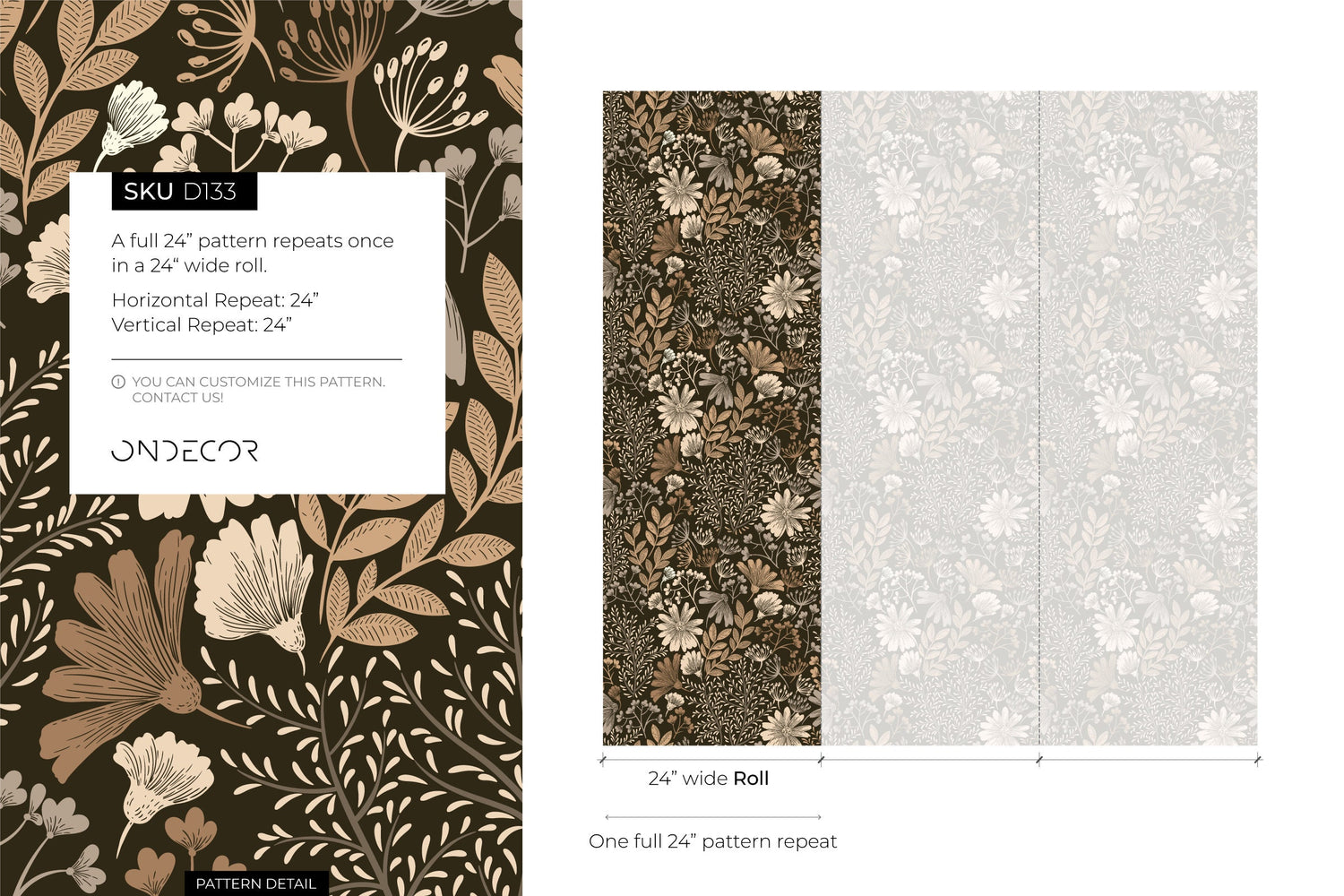 Brown Boho Floral Wallpaper / Peel and Stick Wallpaper Removable Wallpaper Home Decor Wall Art Wall Decor Room Decor - D133