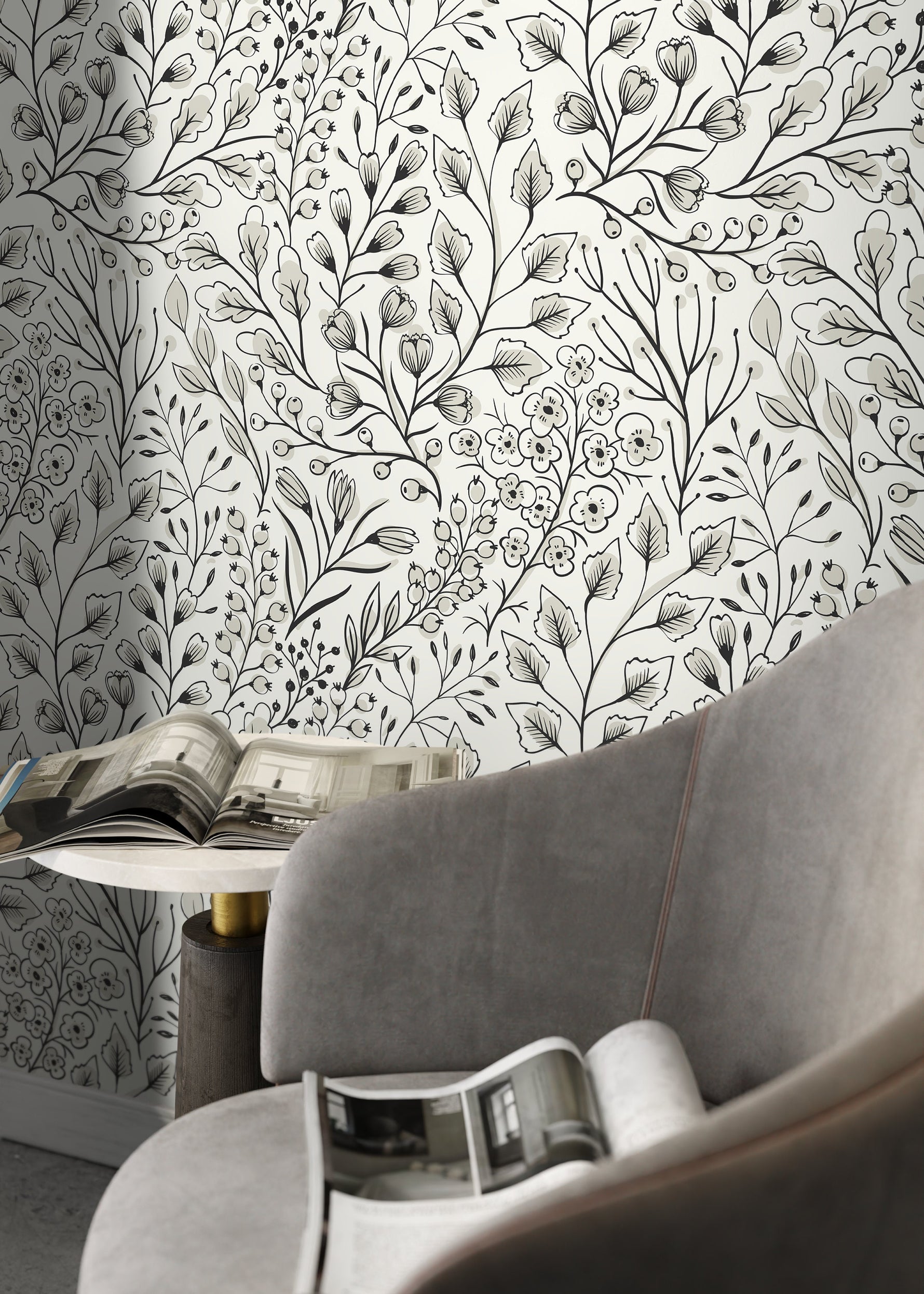 Gray Boho Wildflowers Wallpaper / Peel and Stick Wallpaper Removable Wallpaper Home Decor Wall Art Wall Decor Room Decor - D145