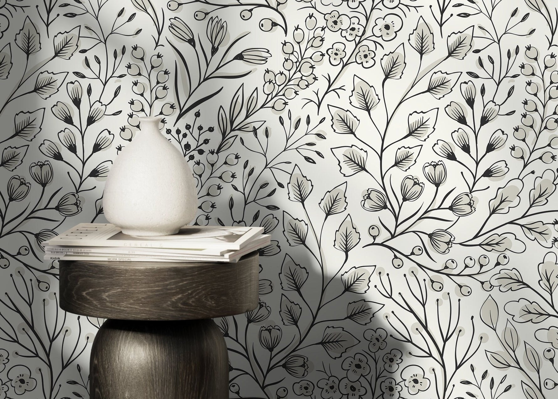 Gray Boho Wildflowers Wallpaper / Peel and Stick Wallpaper Removable Wallpaper Home Decor Wall Art Wall Decor Room Decor - D145