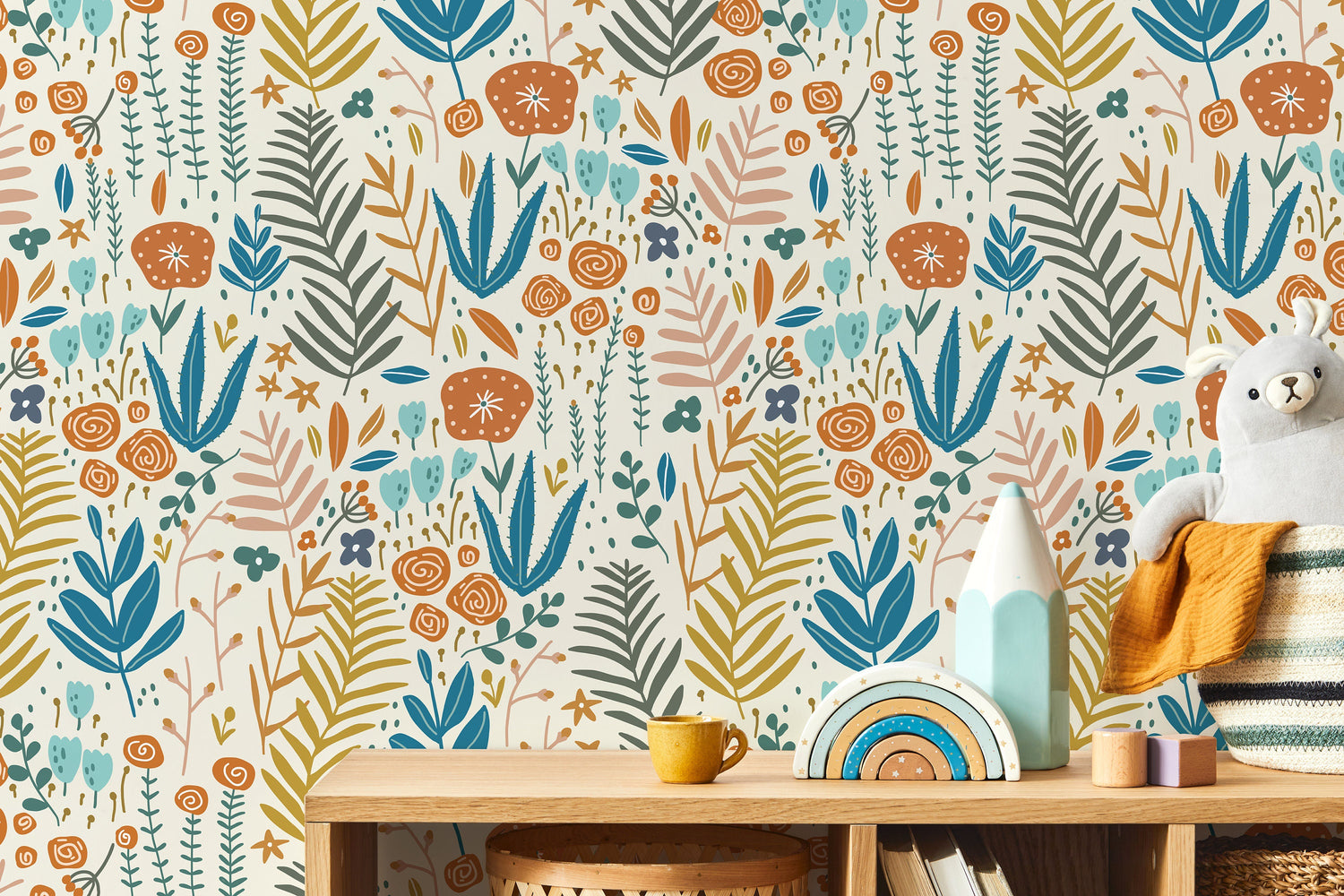 Scandinavian Wildflowers Wallpaper / Peel and Stick Wallpaper Removable Wallpaper Home Decor Wall Art Wall Decor Room Decor - D115