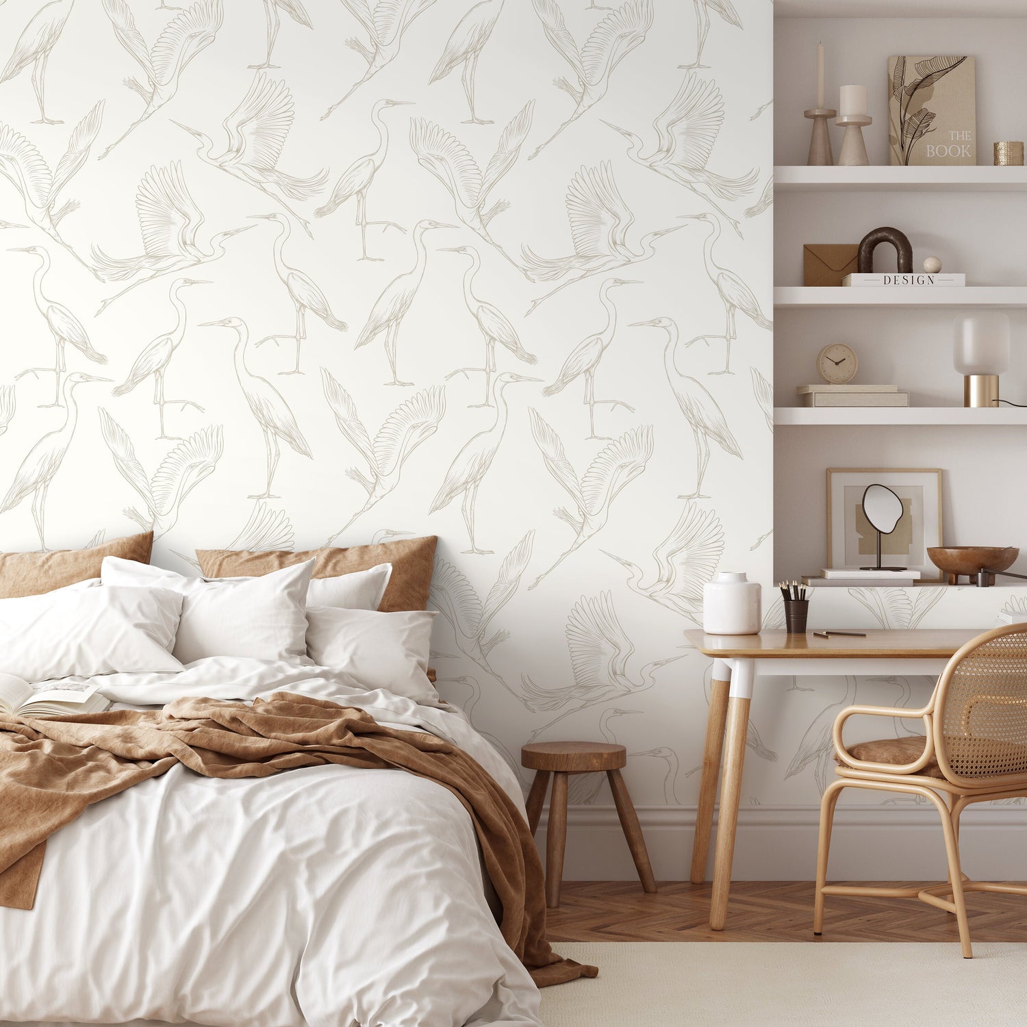 Neutral Boho Crane Birds Wallpaper / Peel and Stick Wallpaper Removable Wallpaper Home Decor Wall Art Wall Decor Room Decor - D103