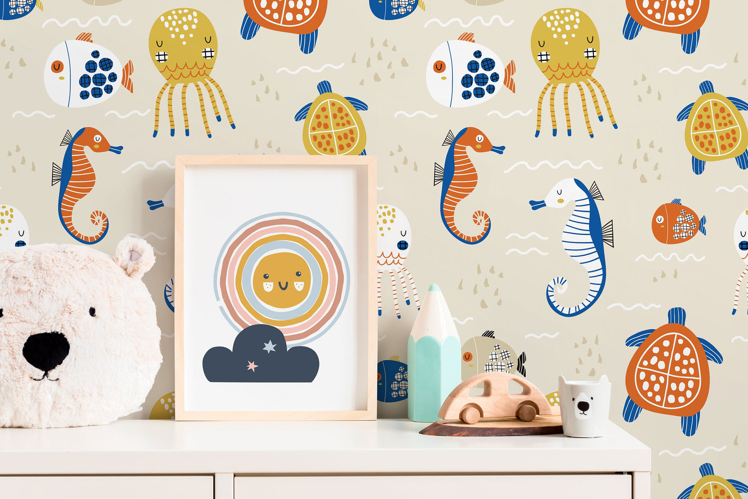 Nursery Ocean Animals Wallpaper / Peel and Stick Wallpaper Removable Wallpaper Home Decor Wall Art Wall Decor Room Decor - D110