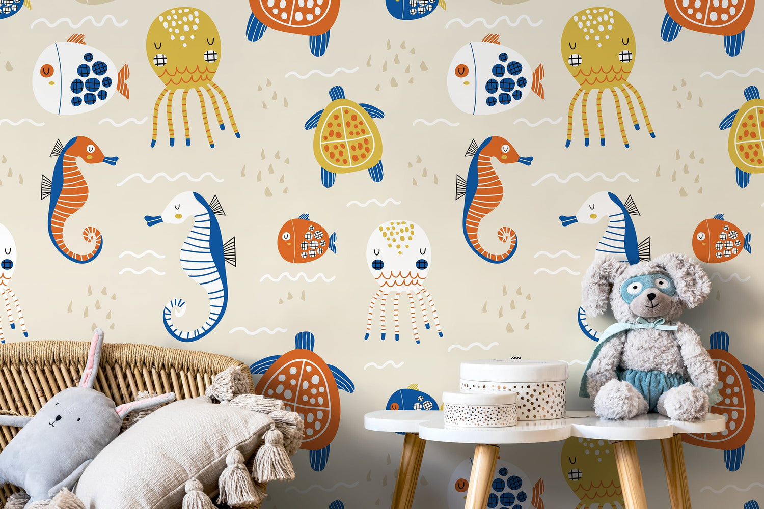 Nursery Ocean Animals Wallpaper / Peel and Stick Wallpaper Removable Wallpaper Home Decor Wall Art Wall Decor Room Decor - D110