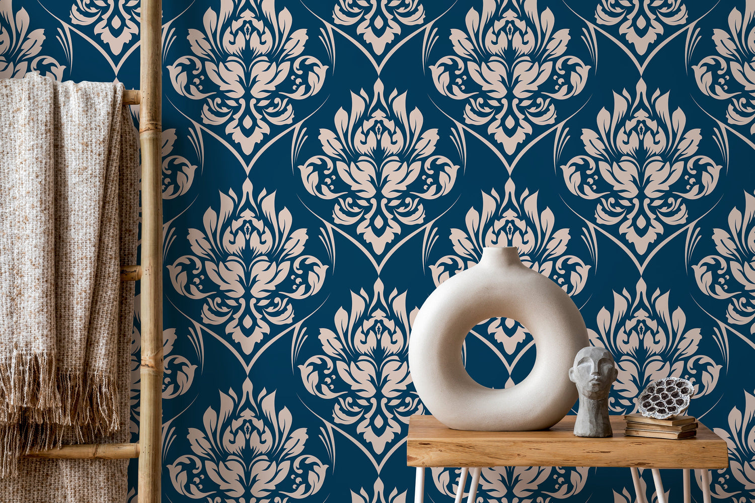 Blue and Beige Damask Wallpaper / Peel and Stick Wallpaper Removable Wallpaper Home Decor Wall Art Wall Decor Room Decor - D227