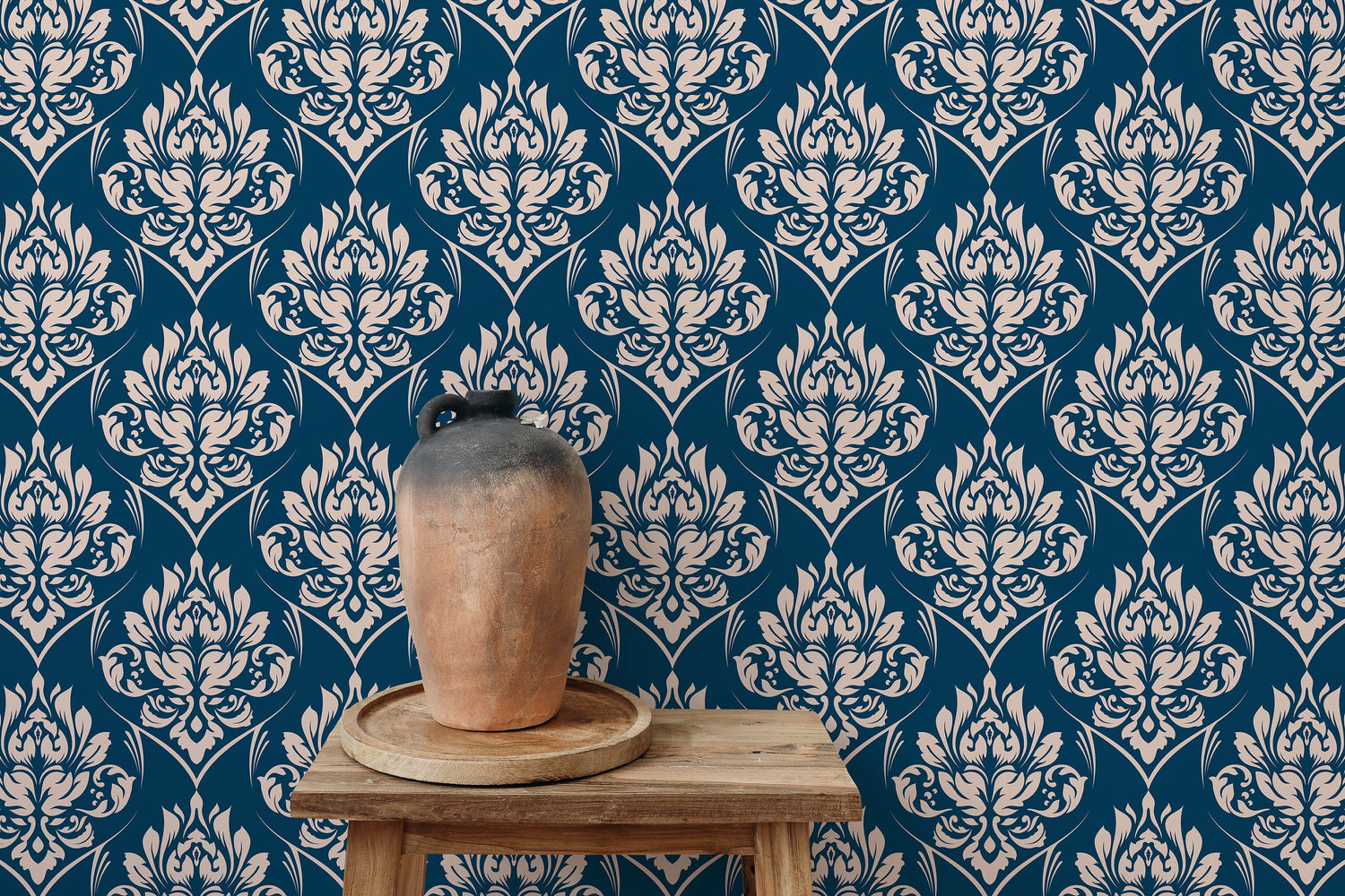 Blue and Beige Damask Wallpaper / Peel and Stick Wallpaper Removable Wallpaper Home Decor Wall Art Wall Decor Room Decor - D227