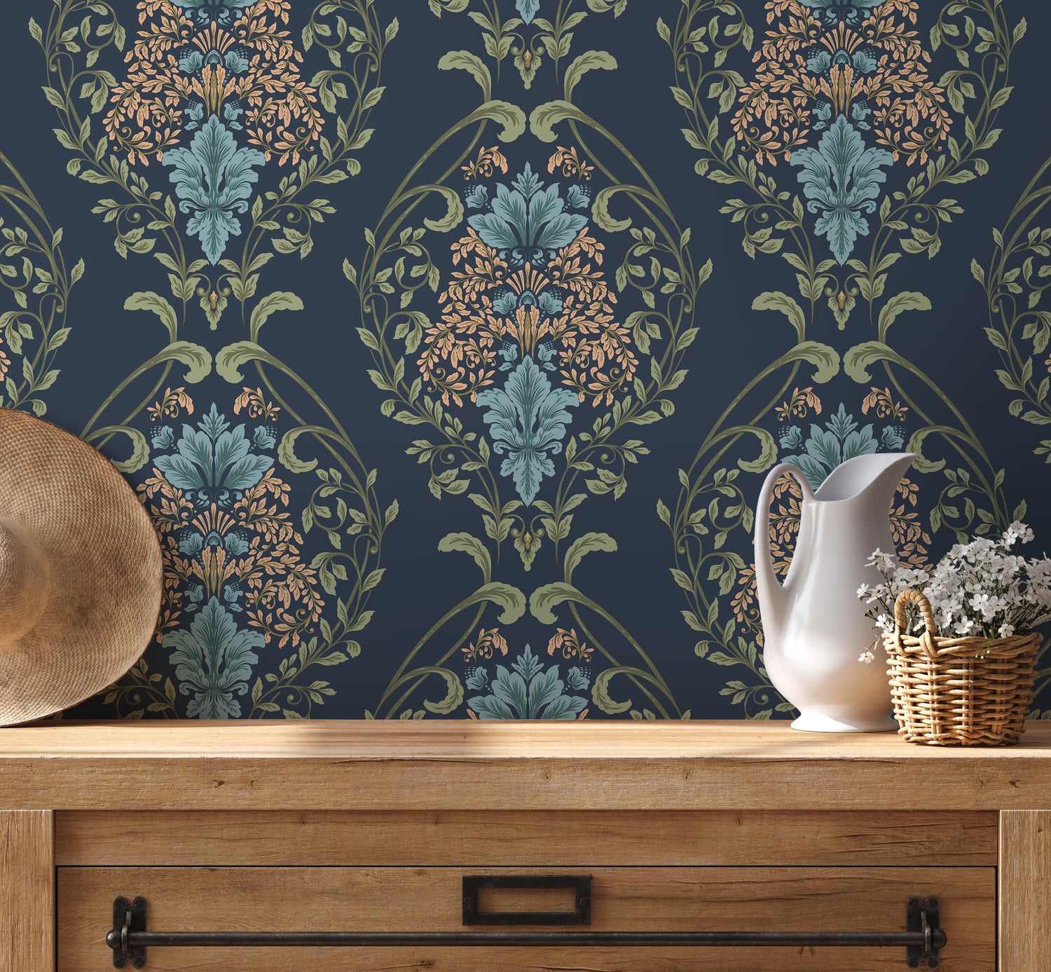 Blue Victorian Floral Wallpaper / Peel and Stick Wallpaper Removable Wallpaper Home Decor Wall Art Wall Decor Room Decor - D219