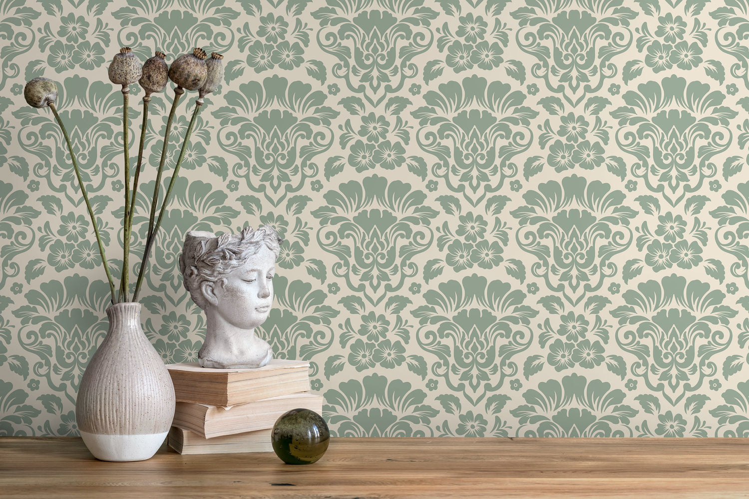 Mint Damask Wallpaper / Peel and Stick Wallpaper Removable Wallpaper Home Decor Wall Art Wall Decor Room Decor - D216