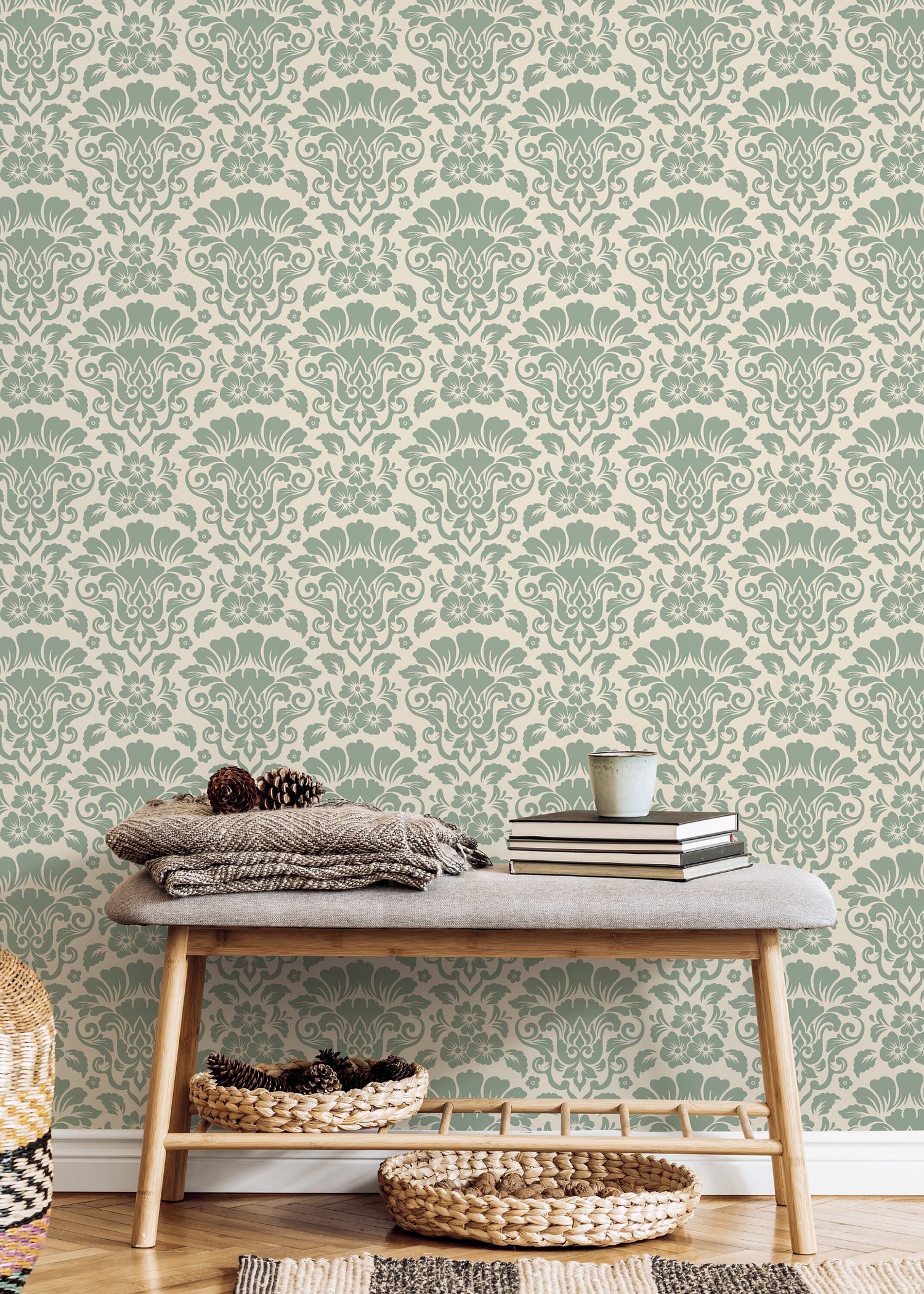 Mint Damask Wallpaper / Peel and Stick Wallpaper Removable Wallpaper Home Decor Wall Art Wall Decor Room Decor - D216