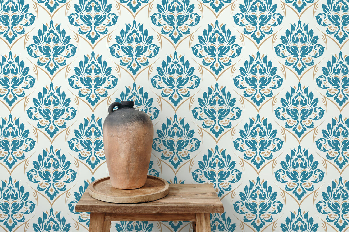 Light Blue and Beige Damask Wallpaper / Peel and Stick Wallpaper Removable Wallpaper Home Decor Wall Art Wall Decor Room Decor - D230