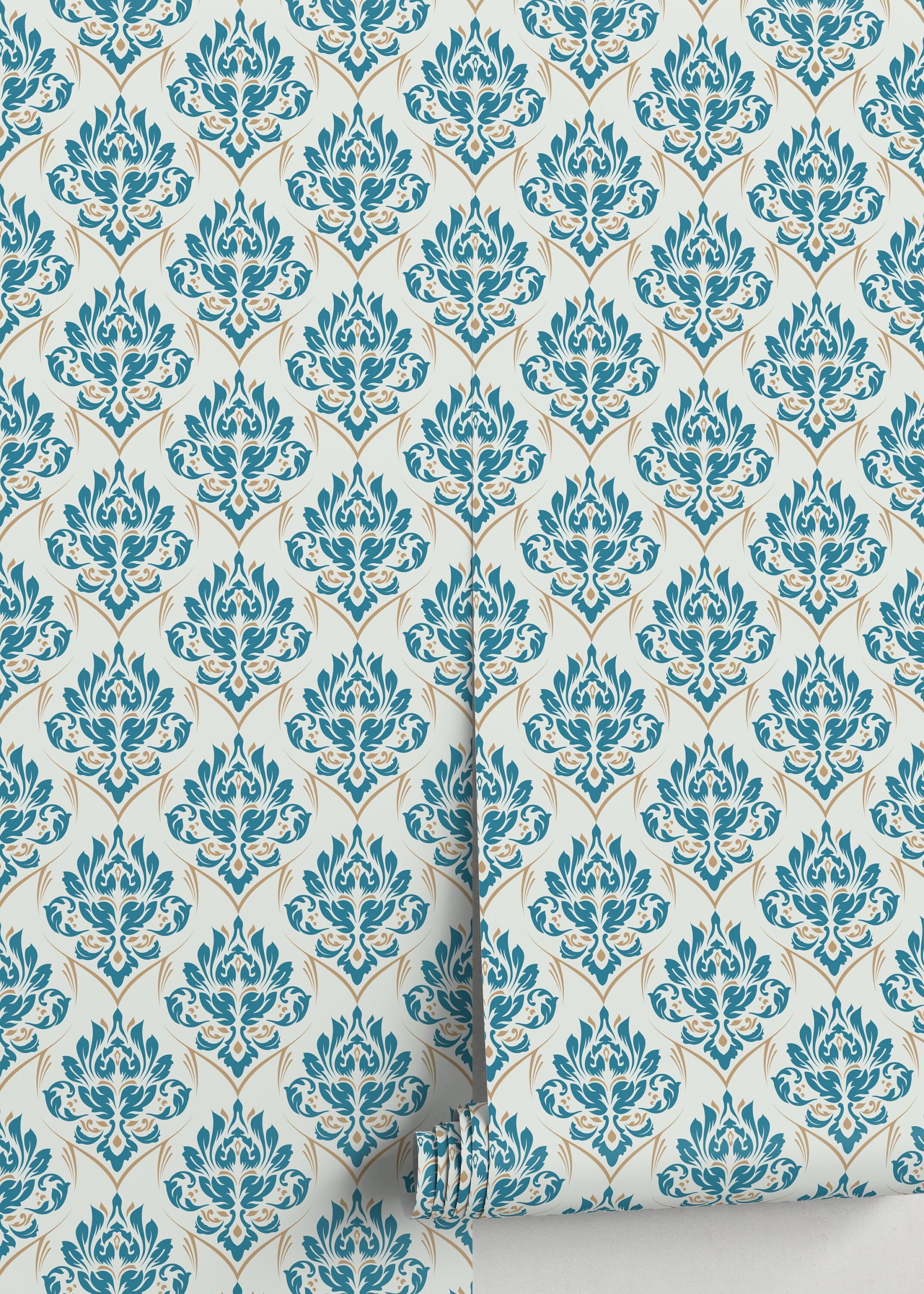 Light Blue and Beige Damask Wallpaper / Peel and Stick Wallpaper Removable Wallpaper Home Decor Wall Art Wall Decor Room Decor - D230