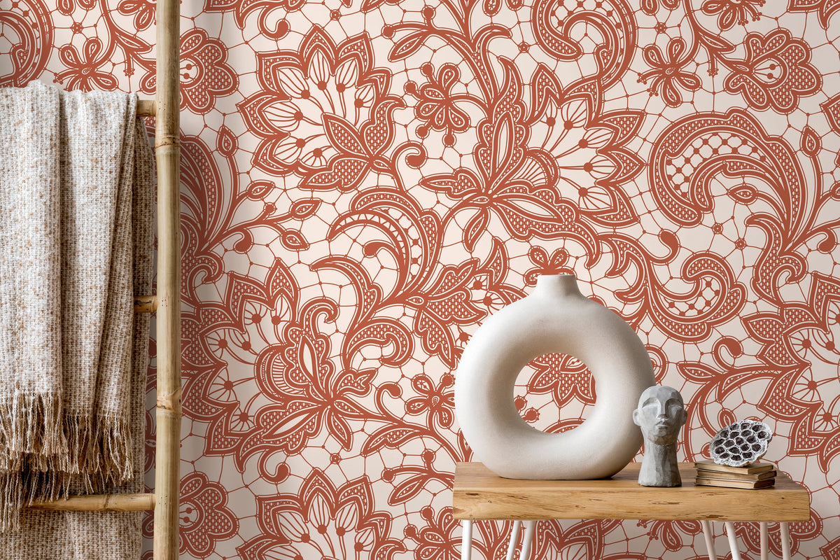 Red Ornamental Garden / Peel and Stick Wallpaper Removable Wallpaper Home Decor Wall Art Wall Decor Room Decor - D212