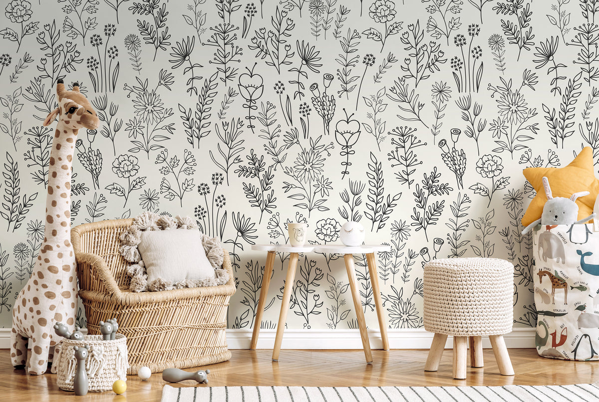 Neutral Boho Wildflowers Wallpaper / Peel and Stick Wallpaper Removable Wallpaper Home Decor Wall Art Wall Decor Room Decor - D234