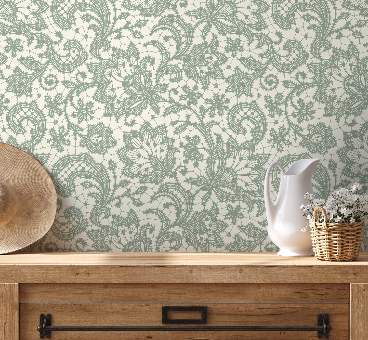 Mint Ornamental Garden / Peel and Stick Wallpaper Removable Wallpaper Home Decor Wall Art Wall Decor Room Decor - D213