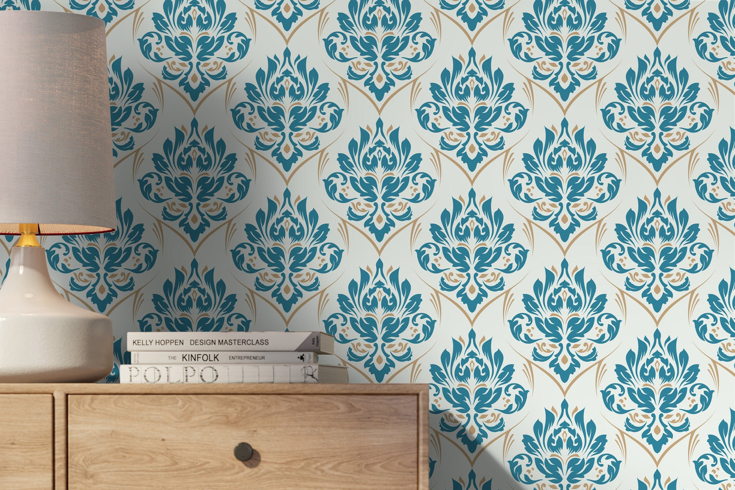 Light Blue and Beige Damask Wallpaper / Peel and Stick Wallpaper Removable Wallpaper Home Decor Wall Art Wall Decor Room Decor - D230