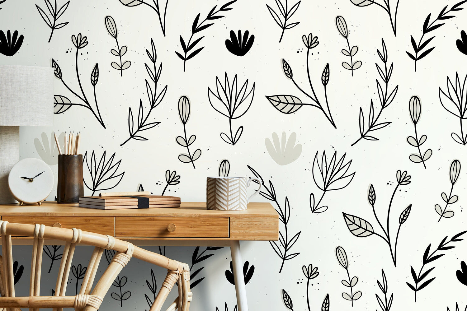 Neutral Boho Floral Wallpaper / Peel and Stick Wallpaper Removable Wallpaper Home Decor Wall Art Wall Decor Room Decor - D270