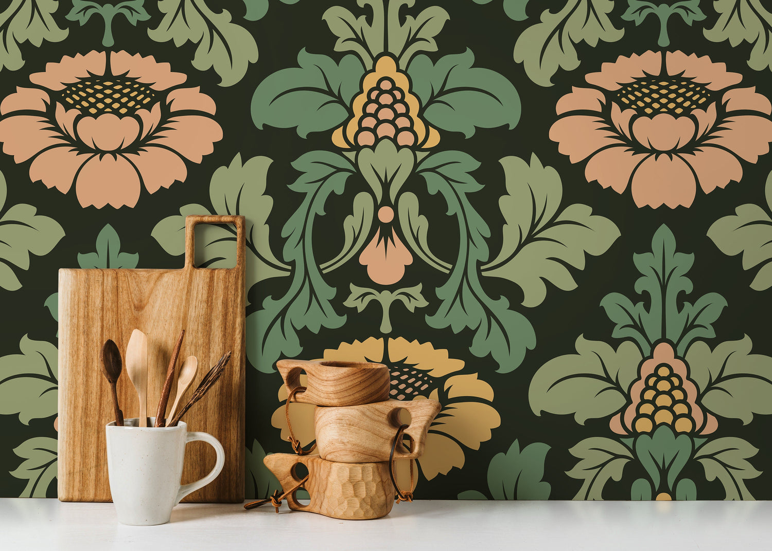 Green Vintage Floral Garden Wallpaper / Peel and Stick Wallpaper Removable Wallpaper Home Decor Wall Art Wall Decor Room Decor - D255