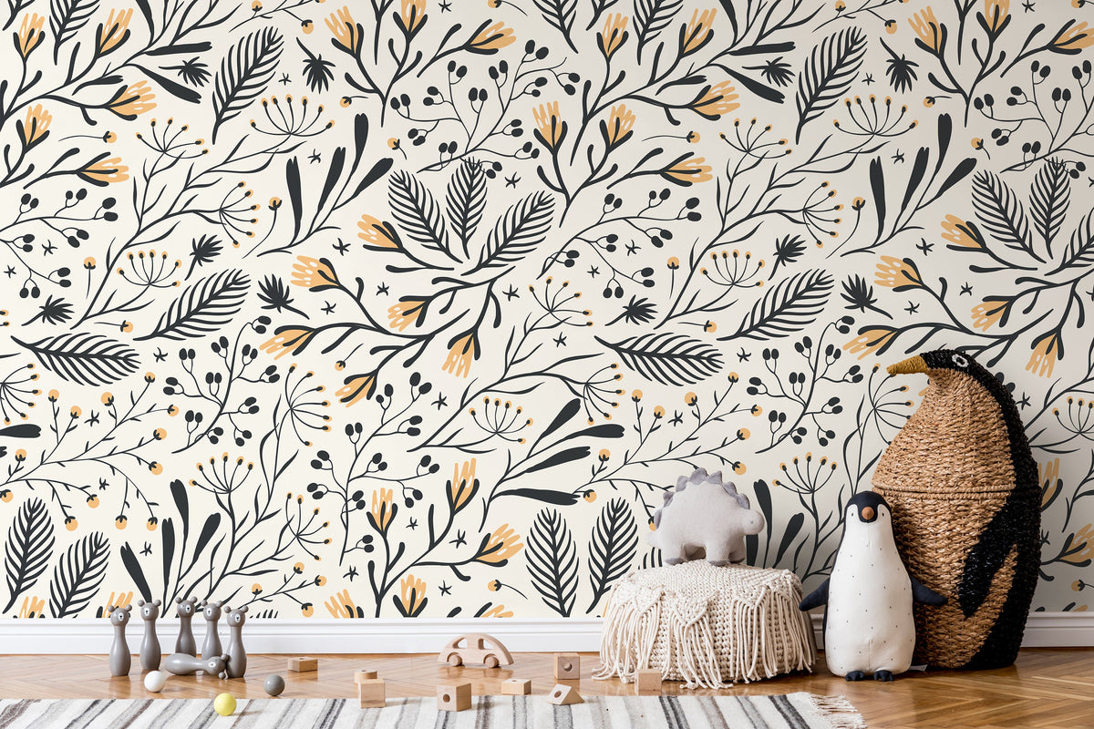 Black and Yellow Floral Wallpaper / Peel and Stick Wallpaper Removable Wallpaper Home Decor Wall Art Wall Decor Room Decor - D280