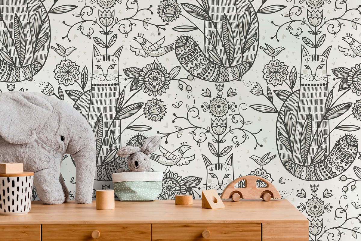 Gray Floral and Cat Wallpaper / Peel and Stick Wallpaper Removable Wallpaper Home Decor Wall Art Wall Decor Room Decor - D294